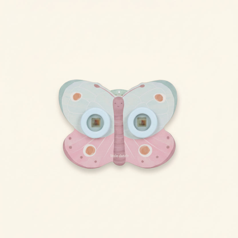 Butterfly-shaped view mastert with pink and blue colors on a beige background