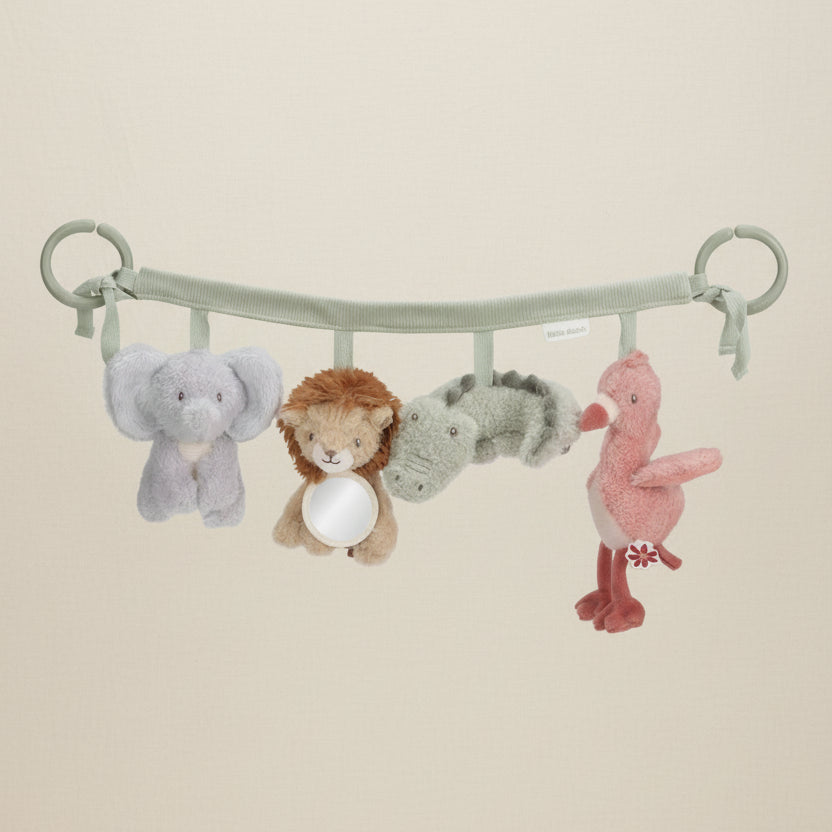 Baby stroller mobile with plush toys including an elephant, lion, hippo, and flamingo on a white background.