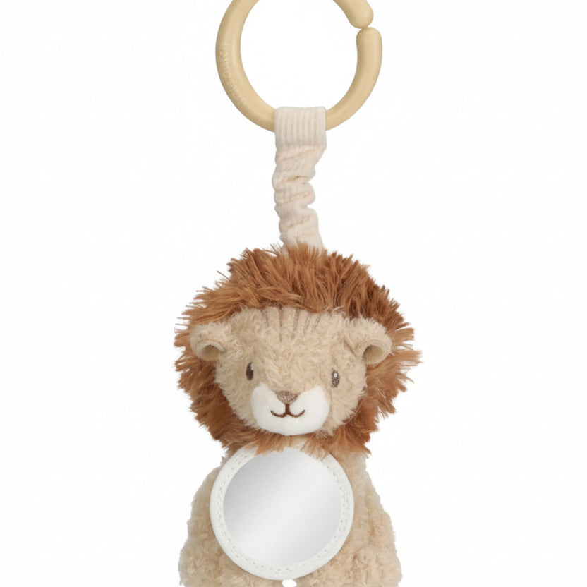 Plush lion toy with a wooden ring on a white background
