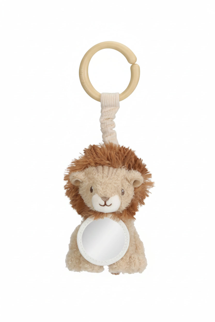 Plush lion toy with a wooden ring on a white background