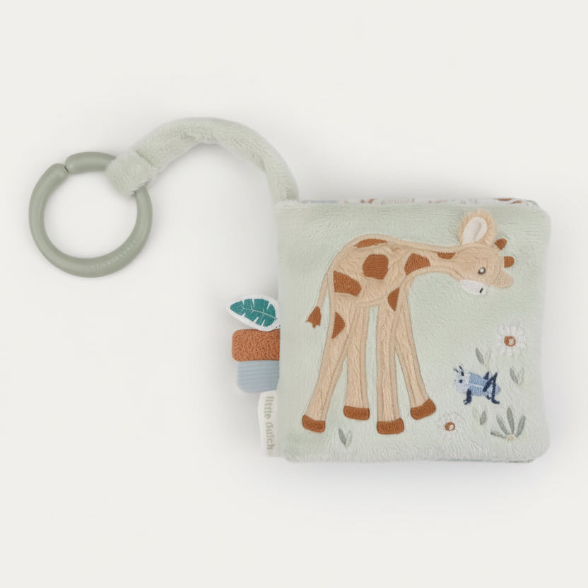 Fabric toy with a giraffe design on a white background
