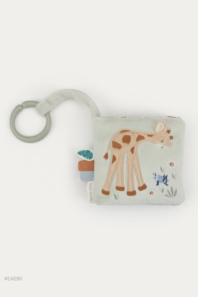 Fabric toy with a giraffe design on a white background