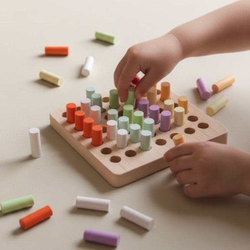 A wooden pegboard with multicolored wooden pegs scattered around on a beige surface.