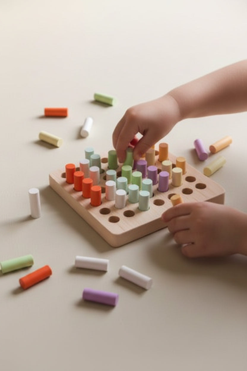A wooden pegboard with multicolored wooden pegs scattered around on a beige surface.