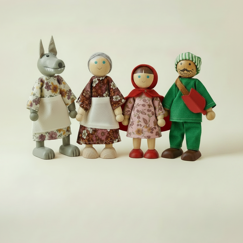 Four bendable fabric dolls standing in a row, a grey wolf in a floral dress and apron, Little Red Riding Hood in a pink dress with red cape and hood, a grey-haired Grandmother in a floral dress and apron, and a Woodsman in a green outfit with a striped cap and axe, shown against a white background