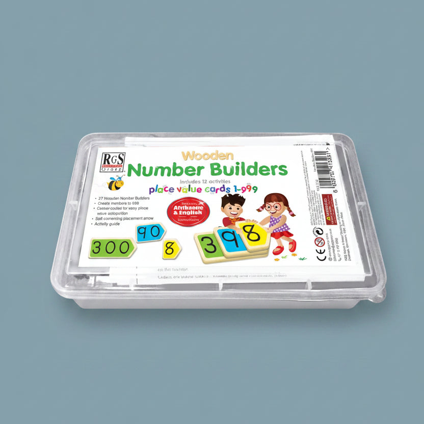 Learning Wooden Number Builders set in a clear plastic storage container with a white and colorful label, containing wooden number tiles from 1 to 999.