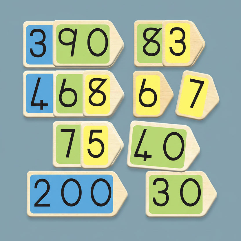 Wooden number sorting puzzle pieces arranged on a white background, featuring numbers from 30 to 200 in blue, green, and yellow color blocks.