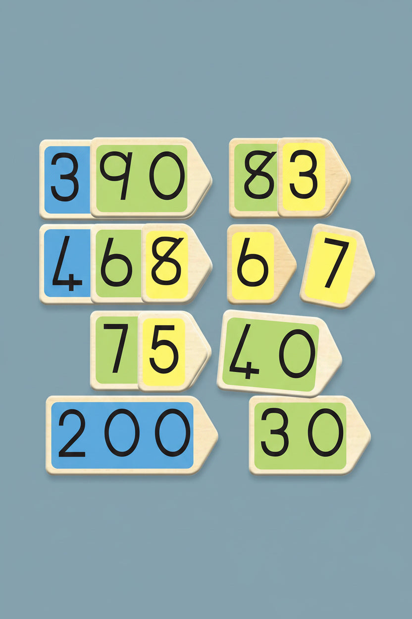 Wooden number sorting puzzle pieces arranged on a white background, featuring numbers from 30 to 200 in blue, green, and yellow color blocks.