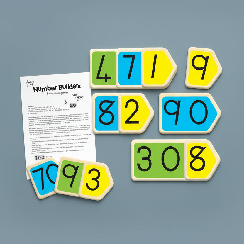 Number Builder educational toy set with colorful arrow-shaped tiles displaying numbers 1 through 9 and a printed instruction sheet on a white background.