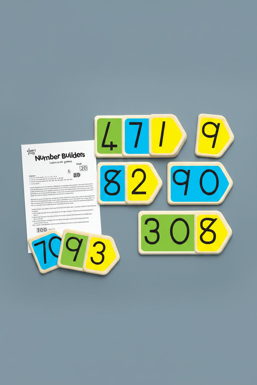 Number Builder educational toy set with colorful arrow-shaped tiles displaying numbers 1 through 9 and a printed instruction sheet on a white background.