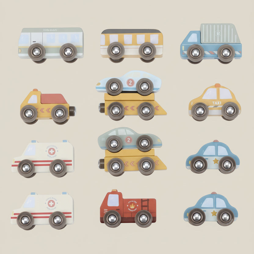 Set of colorful toy vehicles on a white background