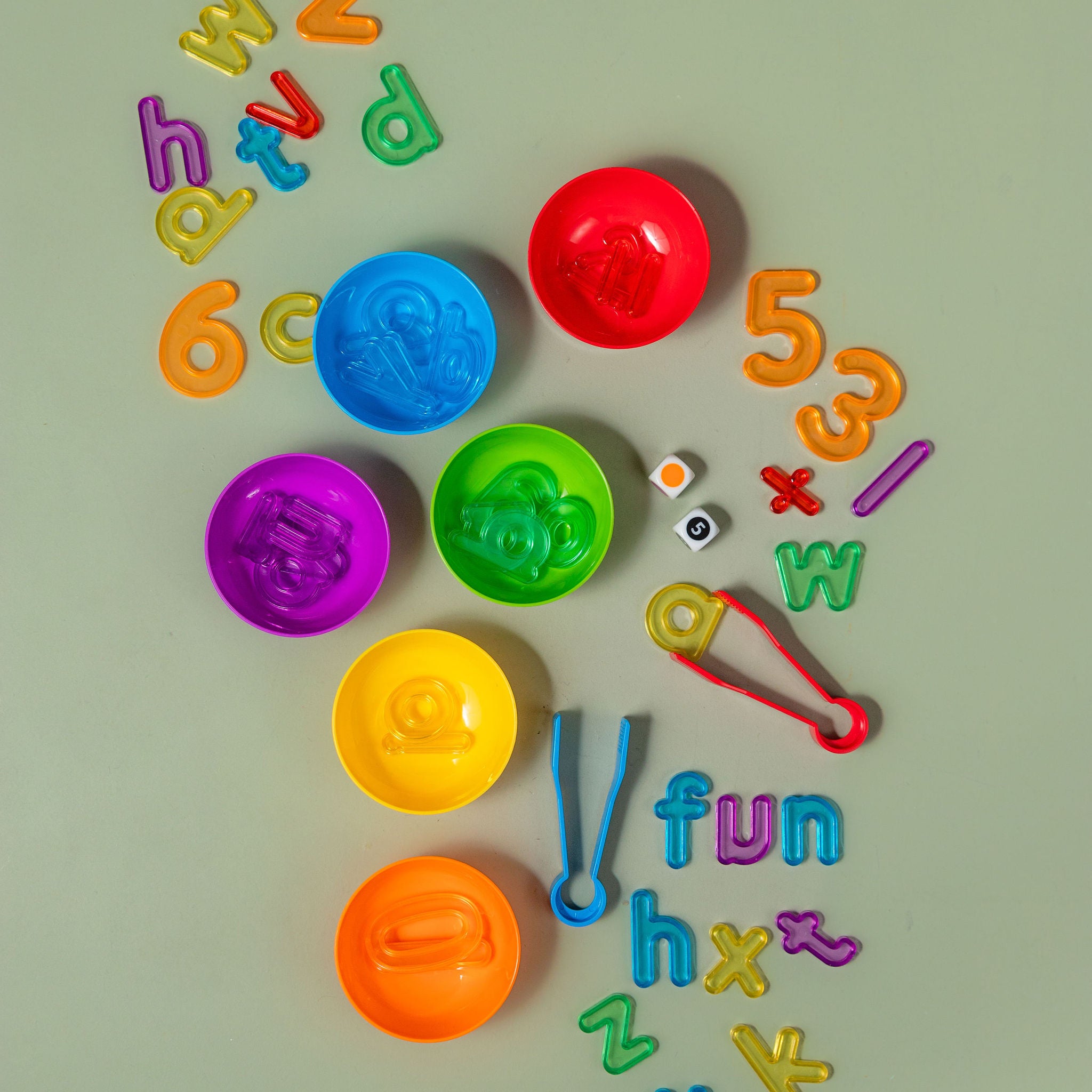 Alphabet sorting set with 26 letter tiles, number cards, sorting cups and tweezers for early literacy and numeracy