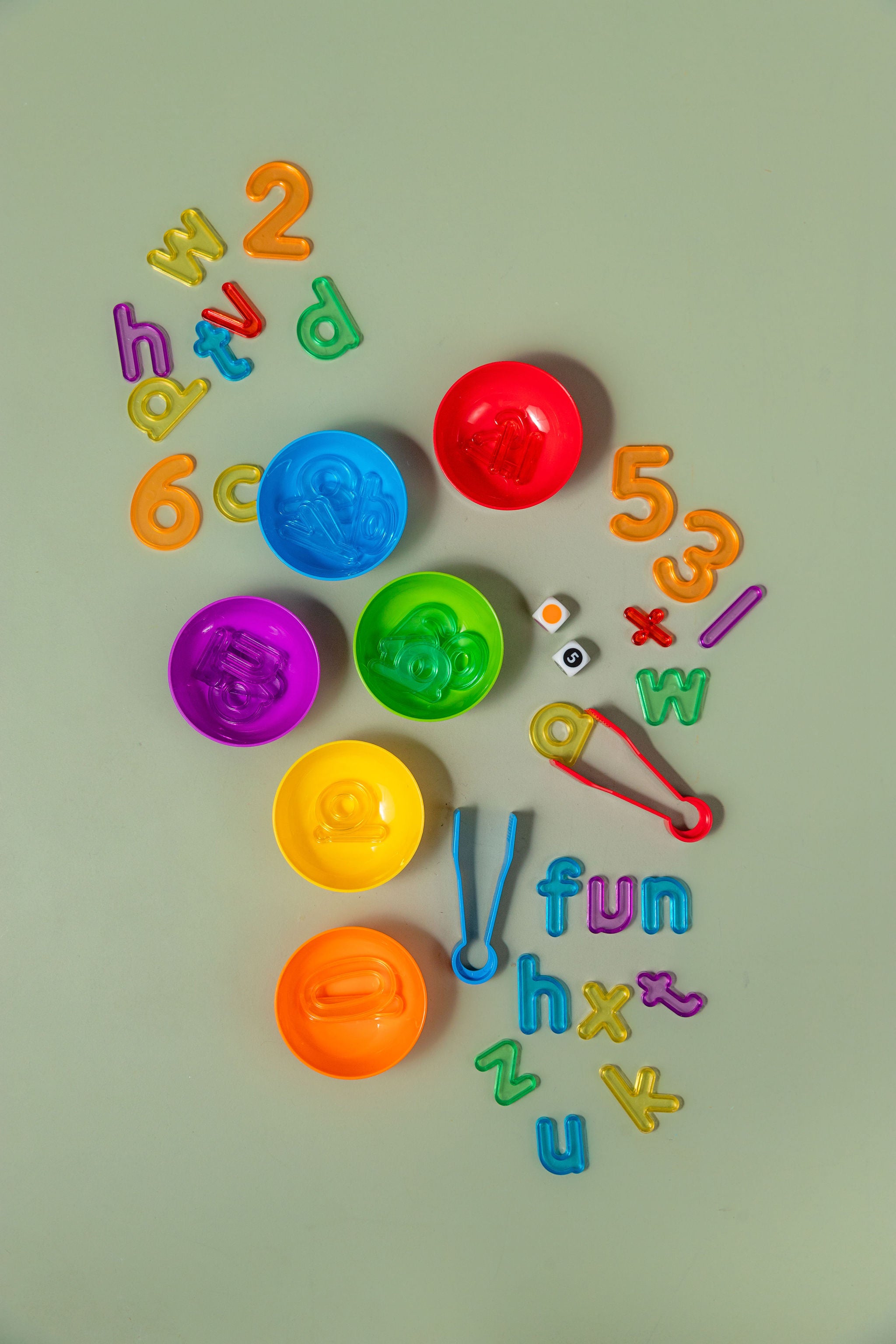 Alphabet sorting set with 26 letter tiles, number cards, sorting cups and tweezers for early literacy and numeracy