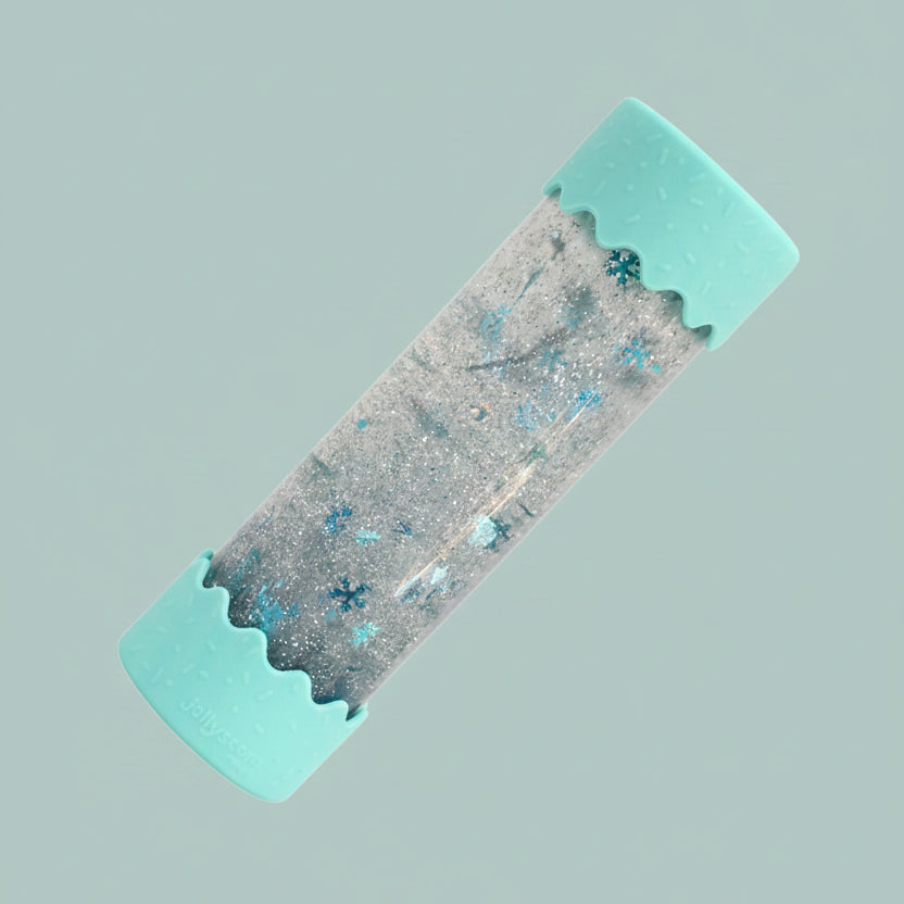 Baby Calming play bottles with turquoise edges on a blue background