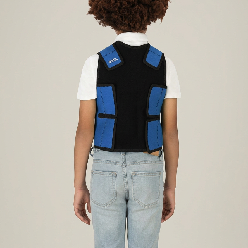 A person shown from the back wearing a black sensory pressure vest vest with bright blue panels, over a white t-shirt and light blue jeans, against a plain white background.