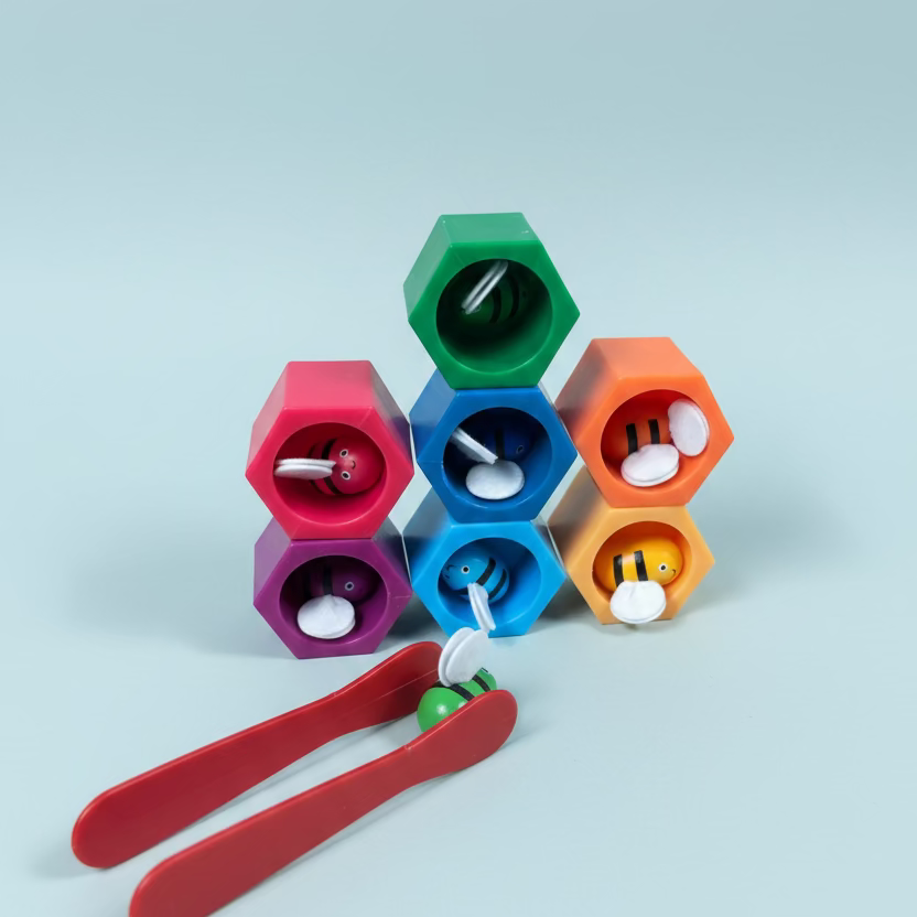 A colorful bee-themed toy set on a wooden tabletop, featuring six hexagonal bins in green, orange, blue, pink, and purple, each containing a small bee figure, with red tongs holding a green bee in the foreground.