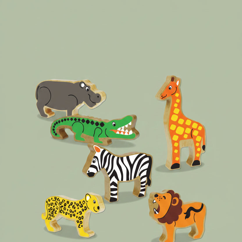 A set of wooden animal toy figures including a hippopotamus, crocodile, giraffe, zebra, cheetah, and lion, arranged on a plain white background.