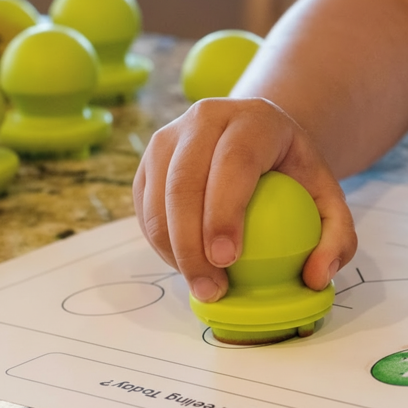 Child stamping different facial expressions into play dough during sensory play activity.