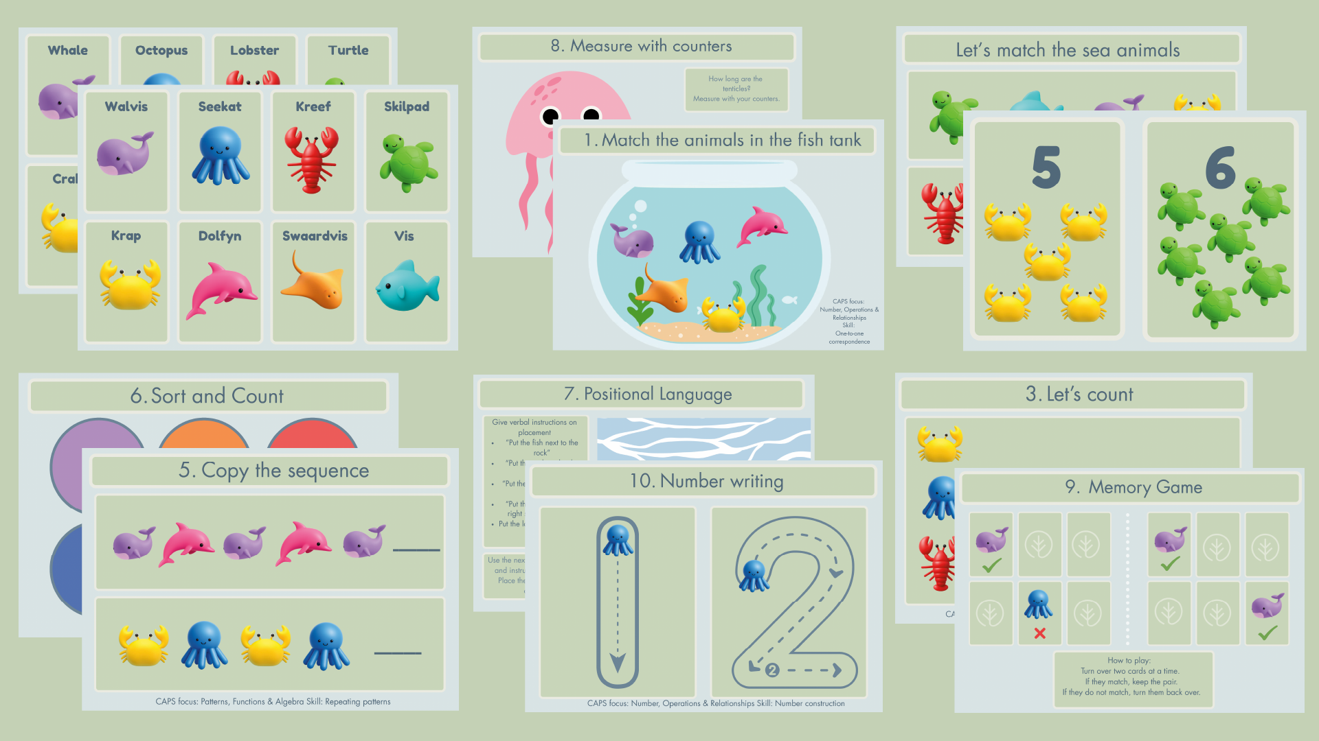 Educational children's activity sheet with sea animal illustrations and educational activities.