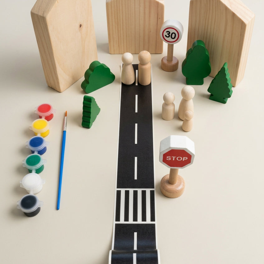 A children's wooden toy road scene with a black-and-white road, small wooden houses, green trees, stop sign, speed limit sign, and unpainted wooden figures, arranged on a tabletop.