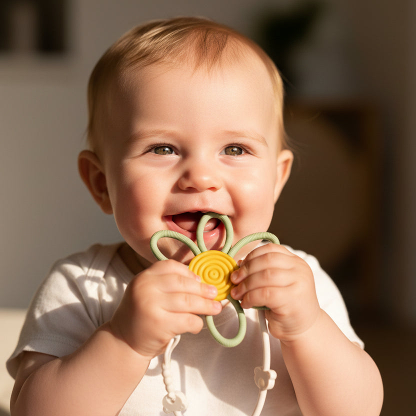 Baby holding flower shaped teether toy