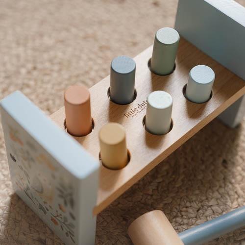 Forest Friends wooden activity toy by Little Dutch with hammer and sensory pounding pegs