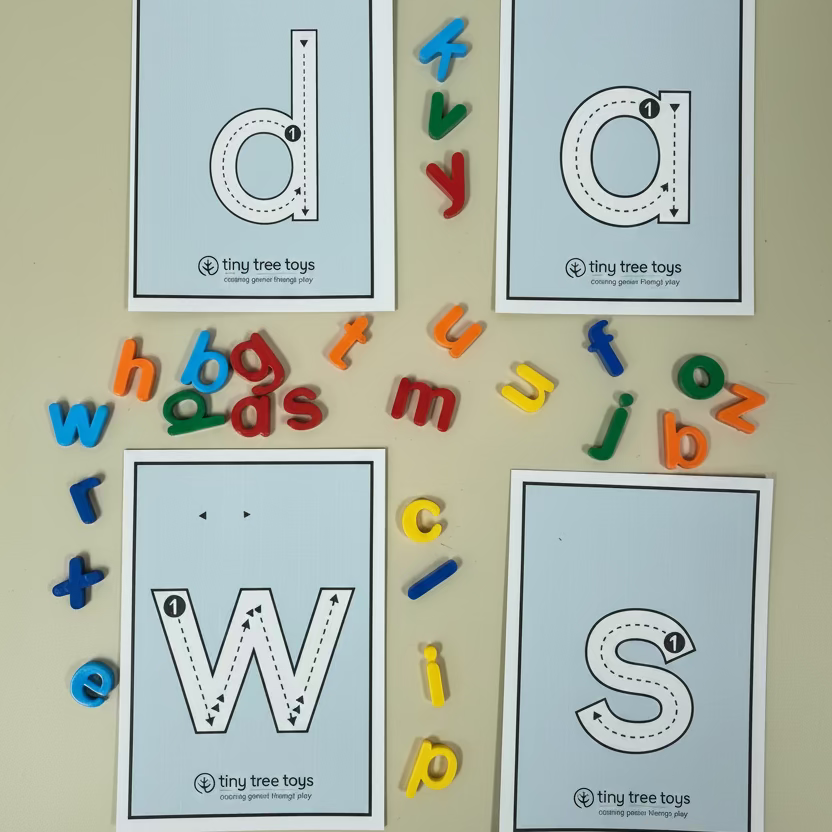 Four printable tracing cards for lowercase letters d, a, w, and s arranged on a wooden surface, surrounded by colorful magnetic alphabet letters. The brand name 'tiny tree toys' is visible at the bottom of each card.
