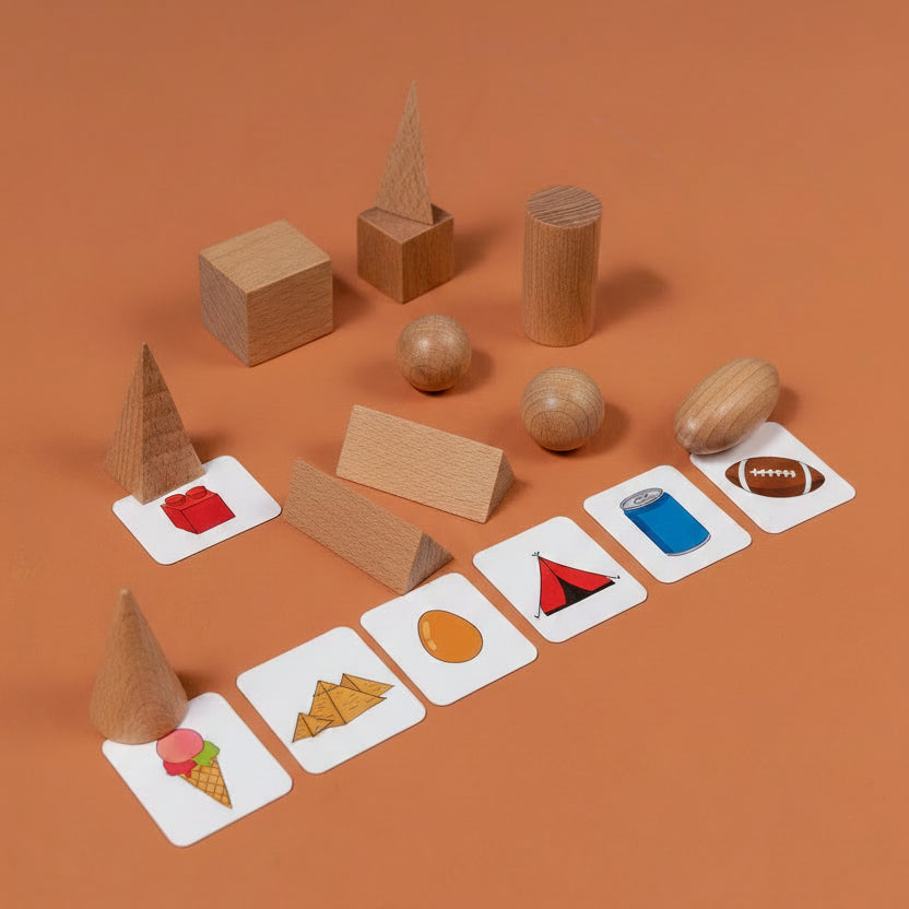 Wooden geometric solids set for Montessori maths learning