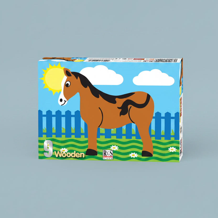 A 9-piece wooden puzzle box featuring a cartoon brown horse with a black mane standing in a blue fence and green grass under a blue sky with a yellow sun.