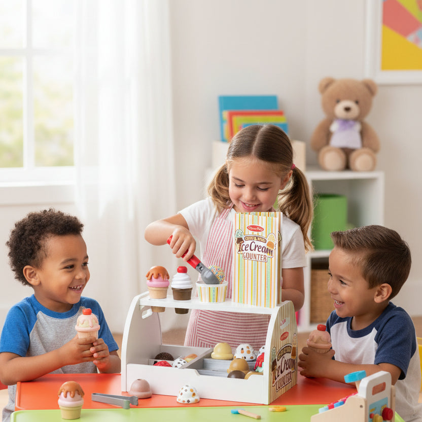 Toy ice cream counter set with various accessories on a gray surface.