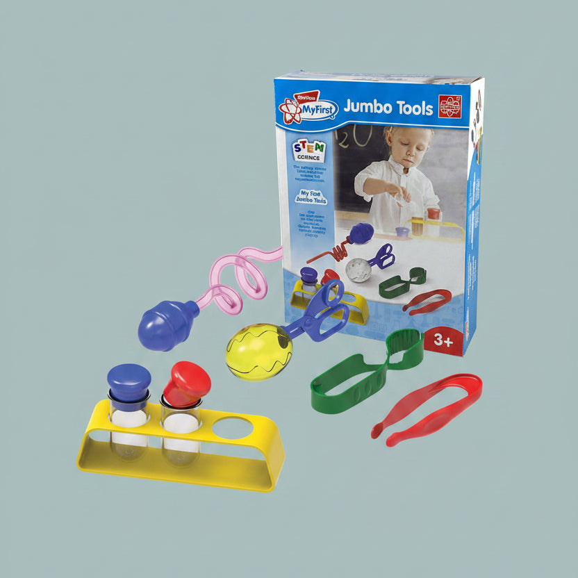 Colorful toy set with tools and packaging labeled 'My First Jumbo Tools' on a white background.