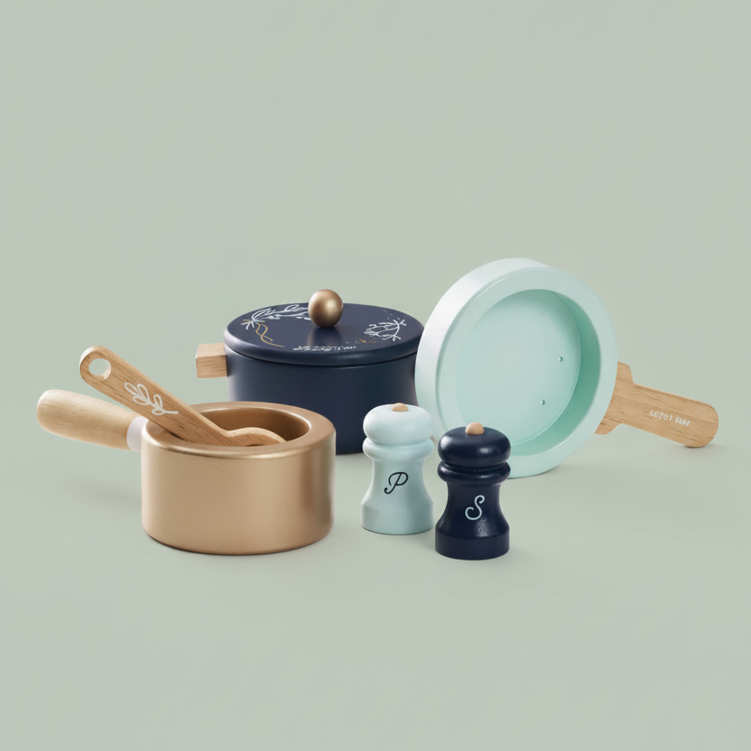 Kids wooden cookware set for imaginative play