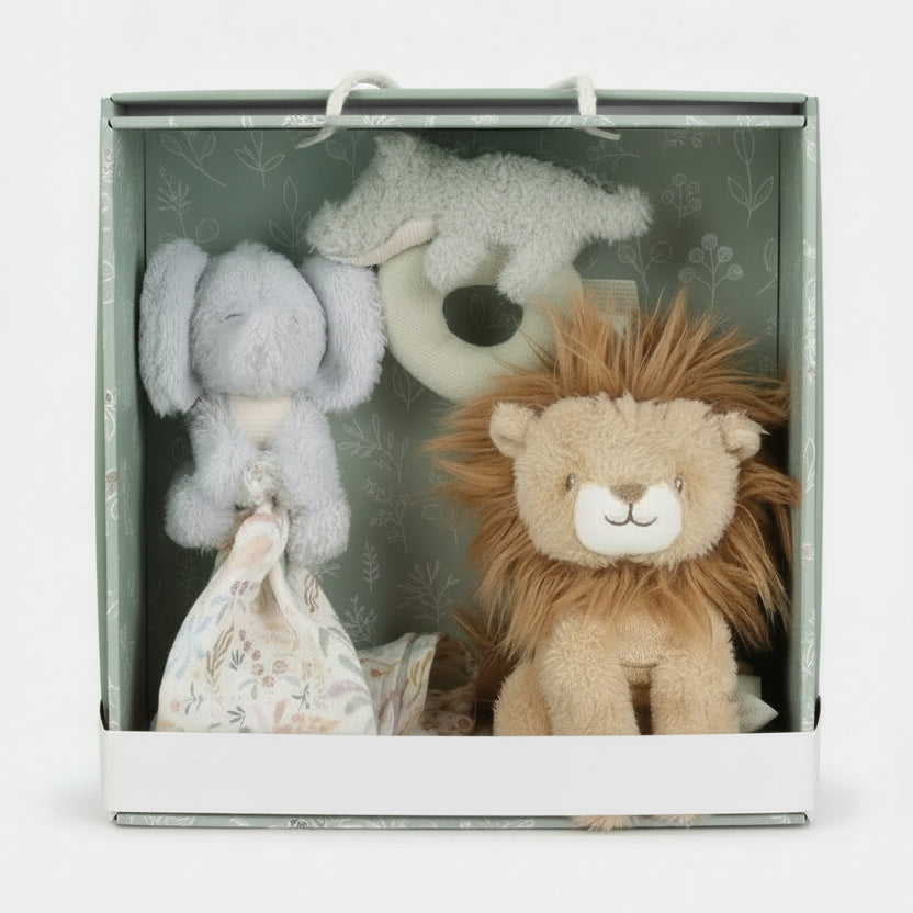 Set of plush toys including a lion, elephant, and rattle in a Little Dutch box. gift set