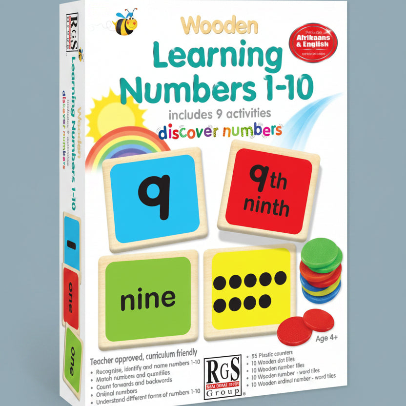 Front and side views of the 'Wooden Learning Numbers 1-10' educational toy set by RGS Studio. The packaging features colorful graphics of wooden number tiles, plastic counting files, word files, and a rainbow on a white background.