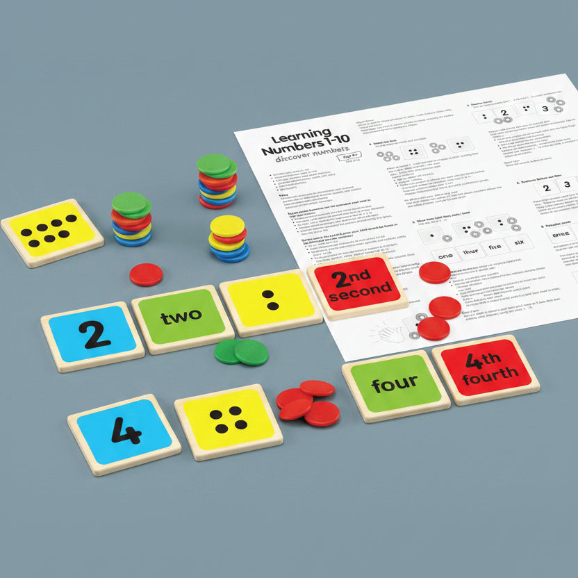 Learning Numbers 1-10 educational game set with colorful square tiles showing numbers and words, green and red circular tokens, and printed worksheet pages on a white background.