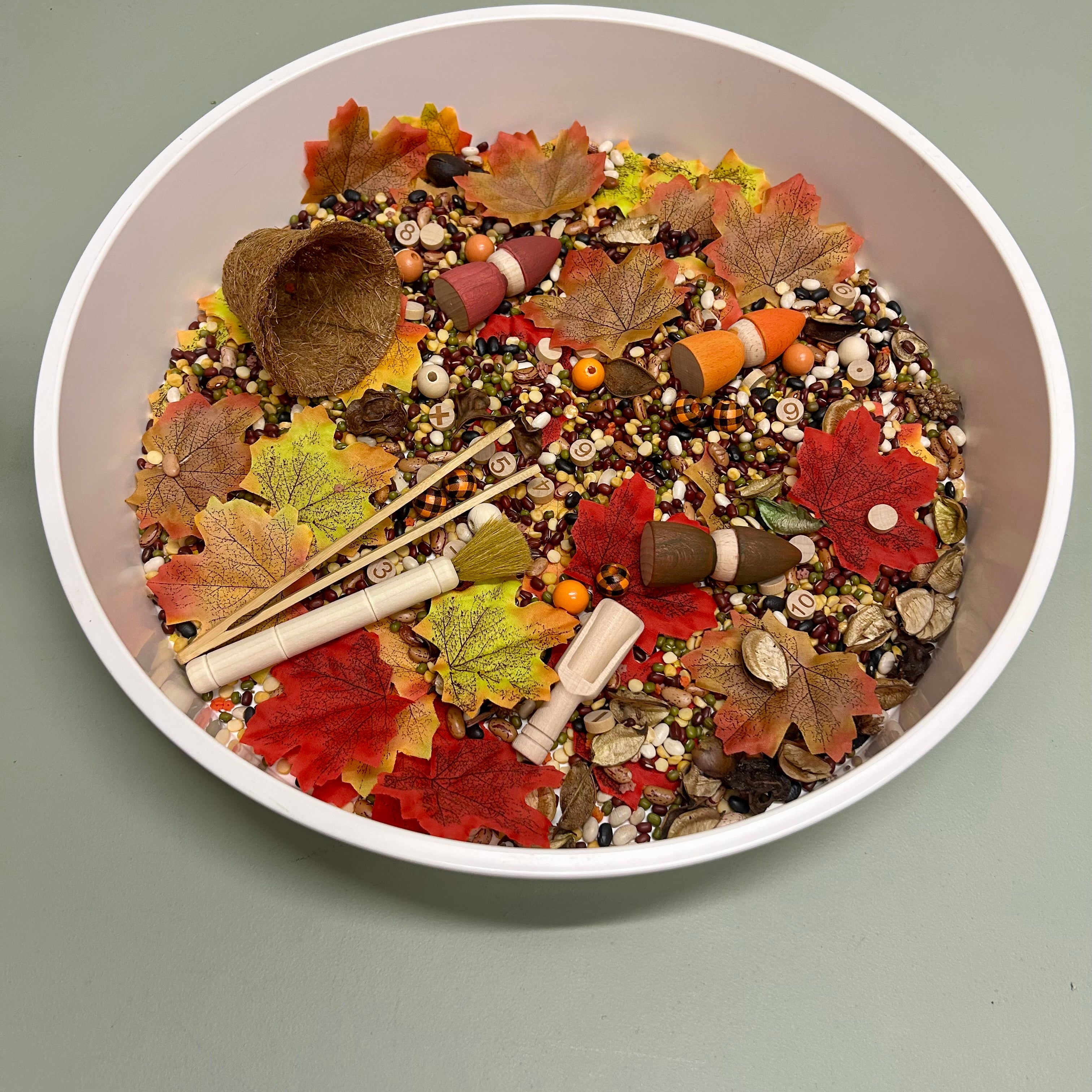 Autumn Forest sensory set with legumes, autumn leaves, peg dolls and wooden tools for imaginative sensory play