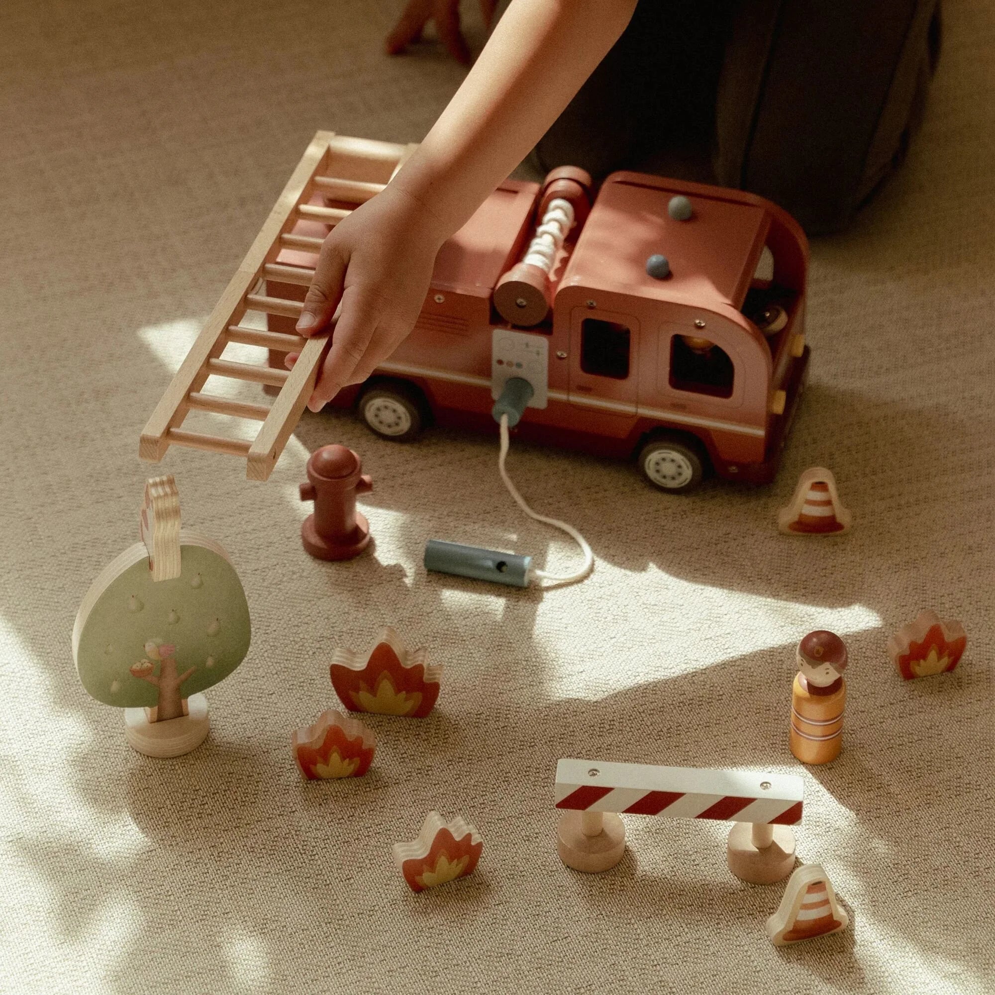 Little Dutch wooden fire truck set with firefighters and accessories