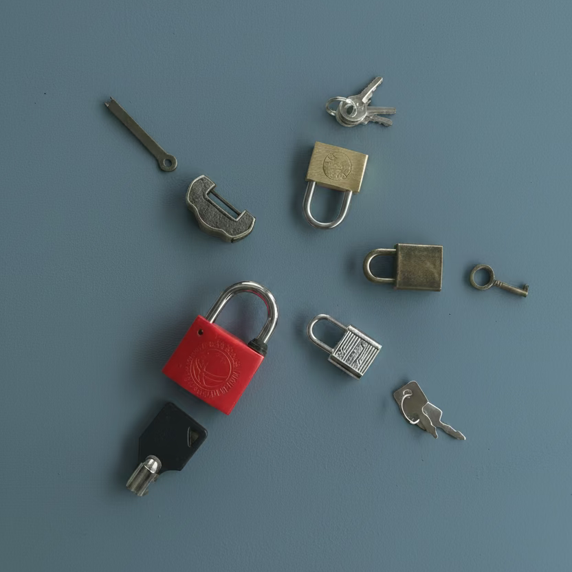 A collection of various padlocks and keys arranged on a light gray surface, including a prominent red padlock, a brass padlock, a bronze padlock, and several silver metal padlocks with keys.