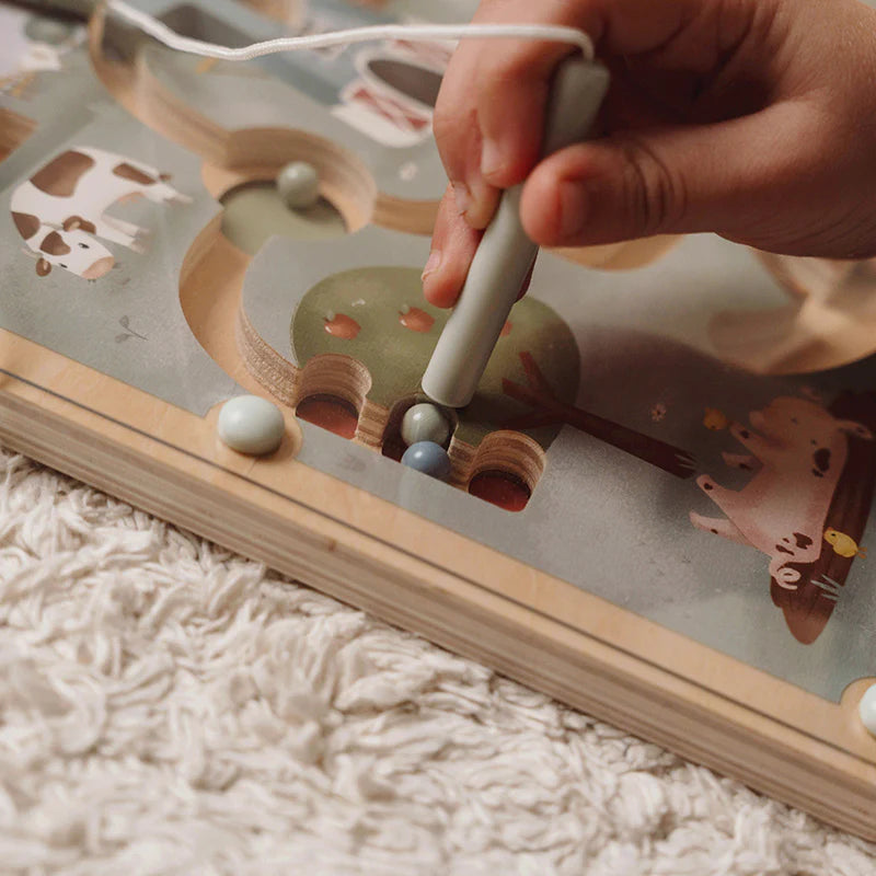 Wooden fine motor maze toy with magnet pen