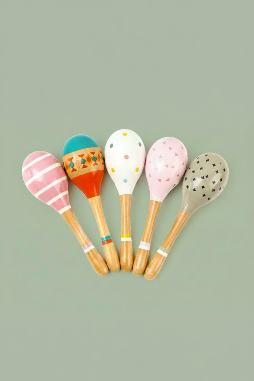 A collection of colorful wooden maracas, each hand-painted with non-toxic, child-safe paints. The maracas come in various colors and patterns, displayed against a white background.