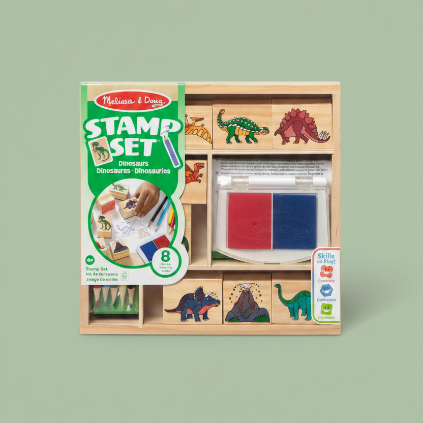 Melissa & Doug's Dinosaur Stamp Set in a wooden organizer box, featuring dinosaur-shaped stamps, a red and blue ink pad, and a green stamping brush, shown against a solid sage green background.