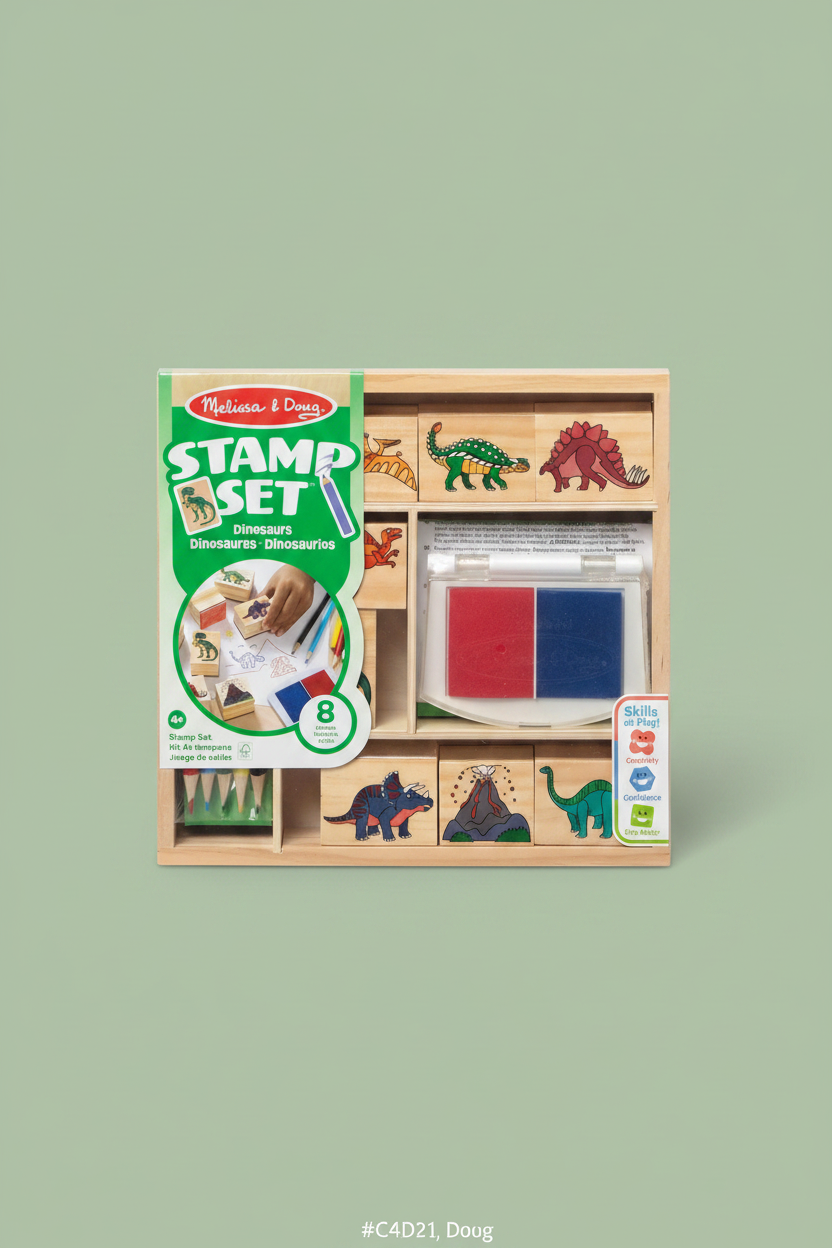 Melissa & Doug's Dinosaur Stamp Set in a wooden organizer box, featuring dinosaur-shaped stamps, a red and blue ink pad, and a green stamping brush, shown against a solid sage green background.