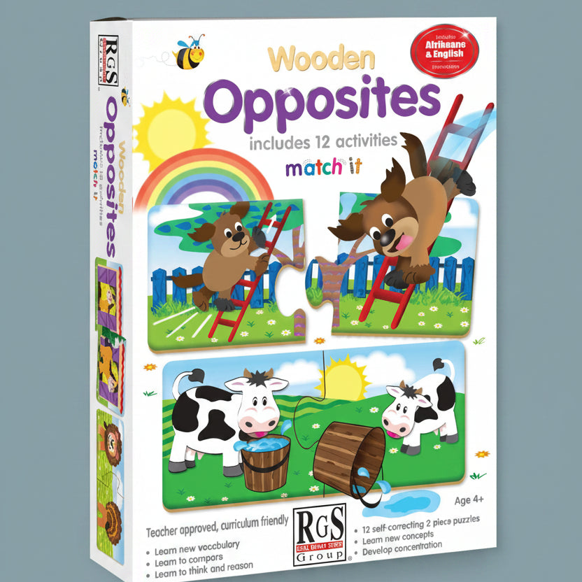 Box of RGS Wooden Opposites educational puzzle with cartoon animals and activities.
