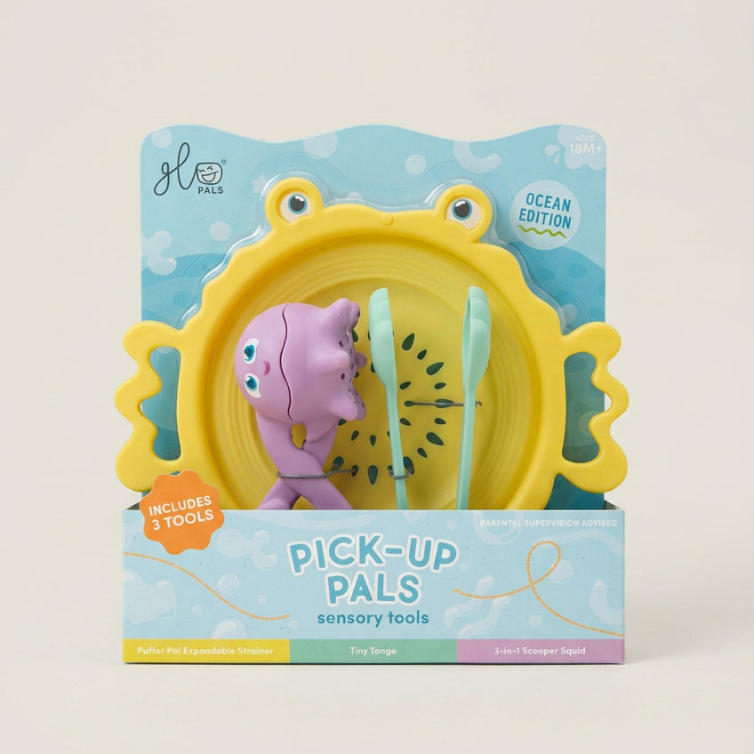 Packaging of Pick-Up Pals sensory tools with a purple toy and tools inside, on a white background.