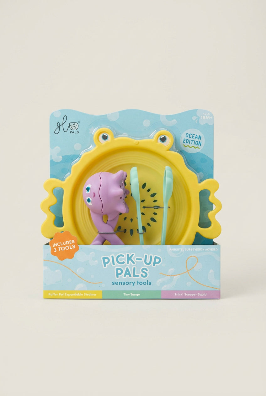 Packaging of Pick-Up Pals sensory tools with a purple toy and tools inside, on a white background.