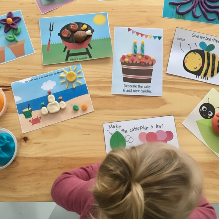 Children's playdough activity cards on a wooden table with a child interacting with them.