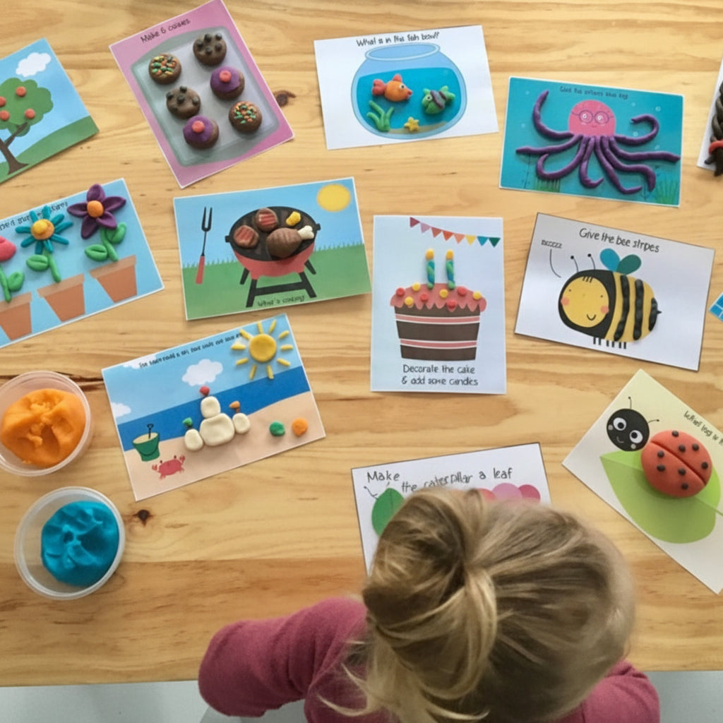 Children's playdough activity cards on a wooden table with a child interacting with them.