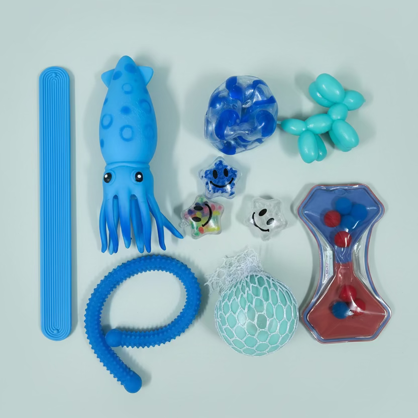 different sensory toys in a pack colour blue