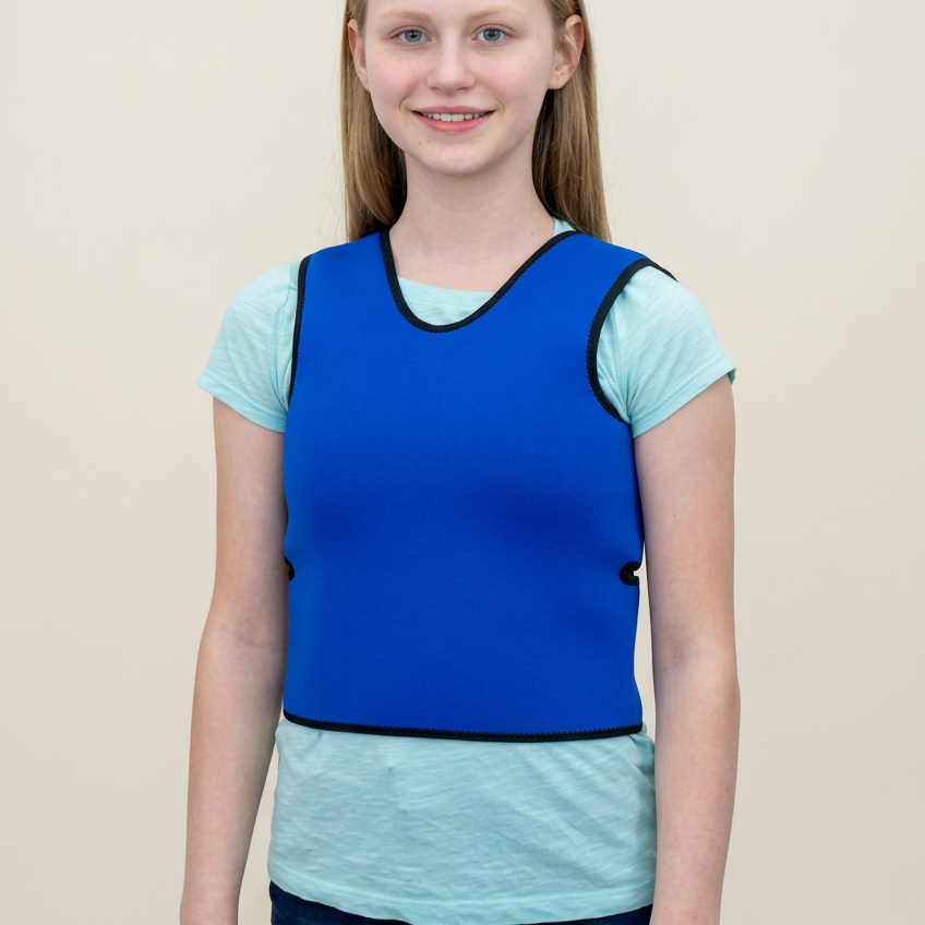 A young girl with blonde hair is wearing a bright blue neoprene-style Sensory pressure vestover a light blue t-shirt, shown against a plain white background.