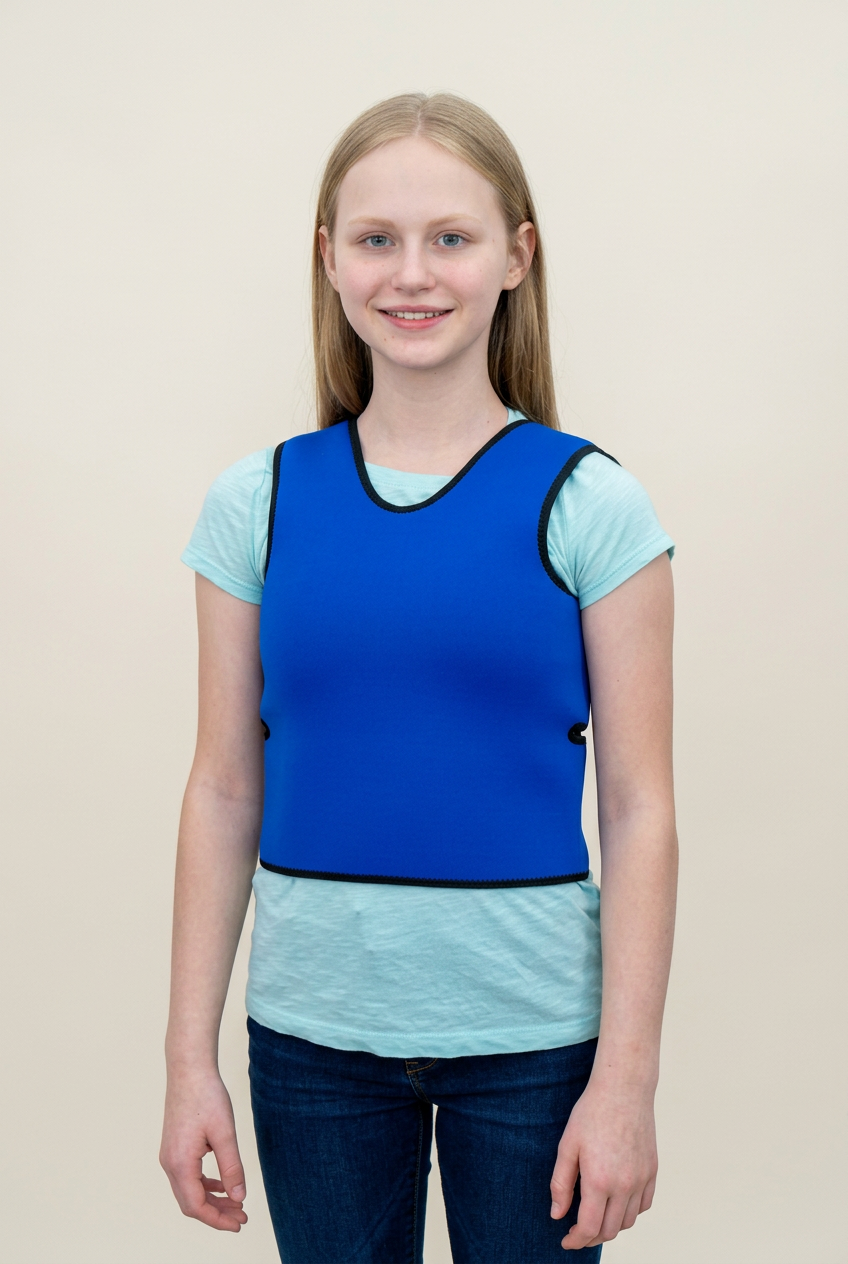 A young girl with blonde hair is wearing a bright blue neoprene-style Sensory pressure vestover a light blue t-shirt, shown against a plain white background.